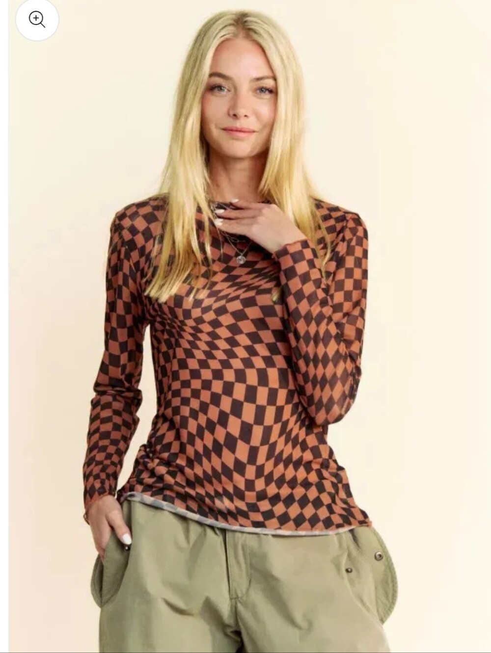Davi & Dani Women's Long Sleeve Brown & Black Checkered Mesh Top Size Medium - Picture 2 of 10